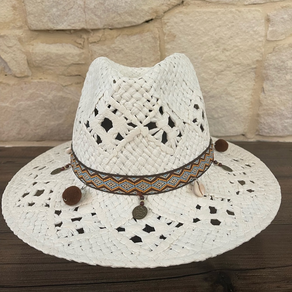 White Woven Sun Hat with Brown Accents